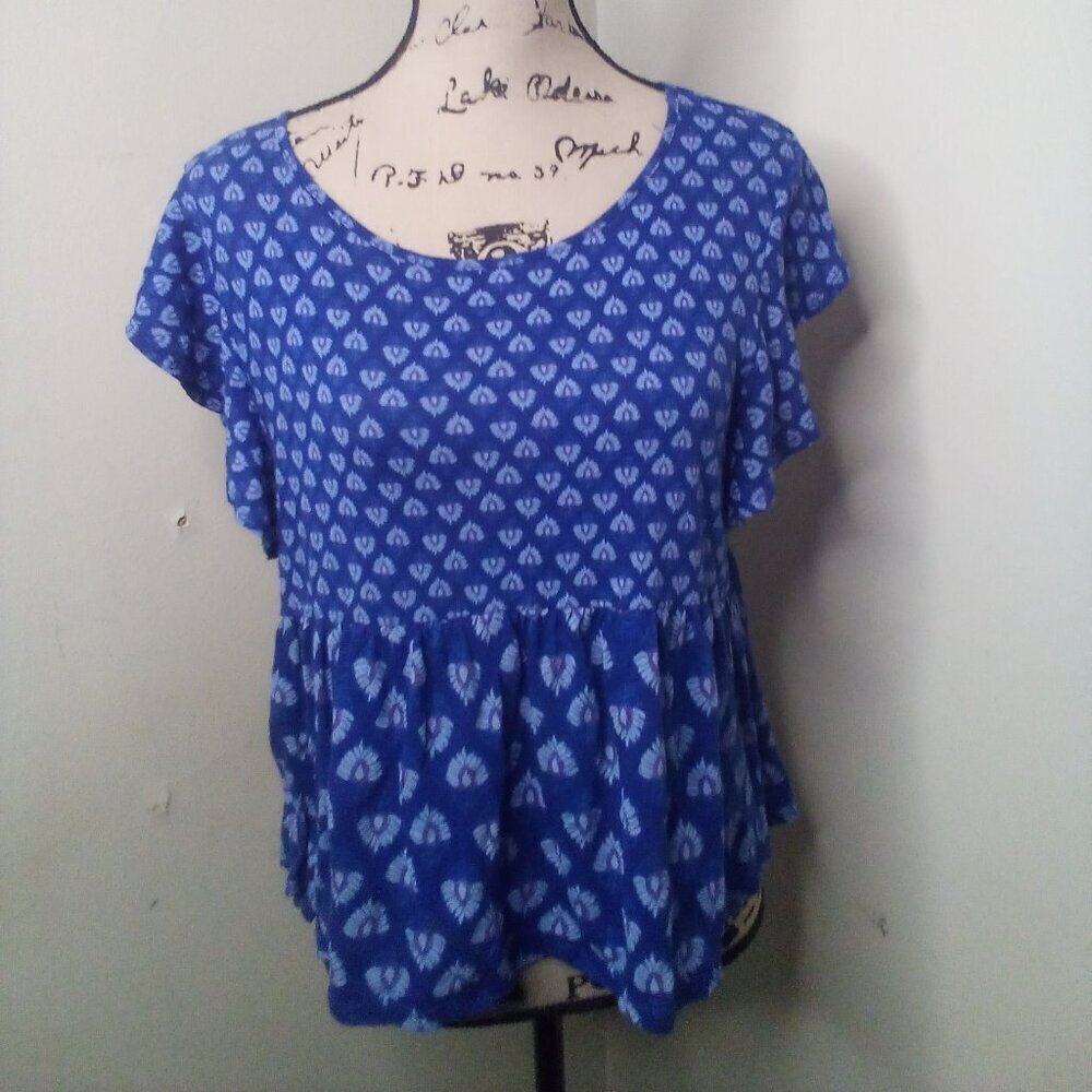 Lucky Brand Shirt Blouse Women S Short Sleeve Floral Pattern Blue